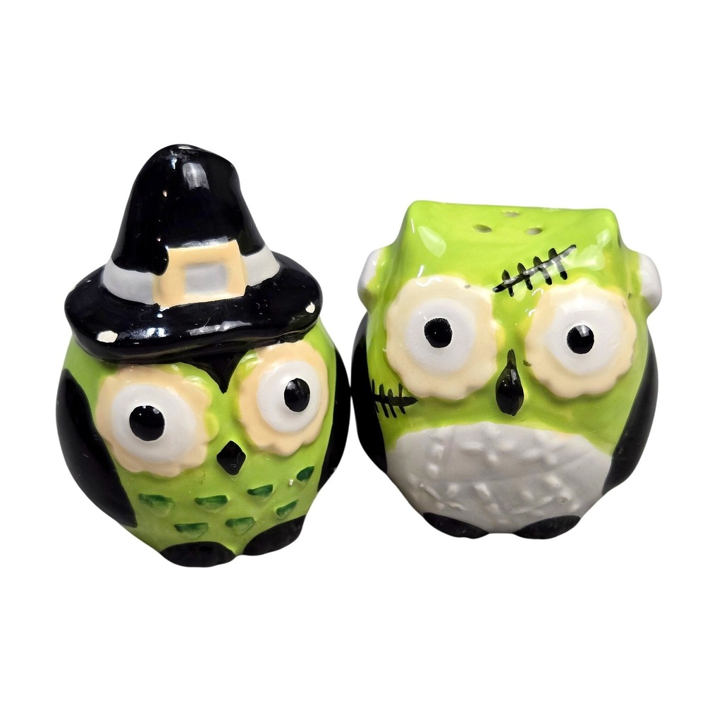 Halloween Owl Salt and Pepper Shakers Witch and Frankenstein Monster Set